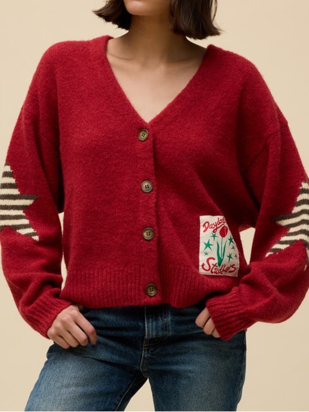 NWT DAYDREAMER Solid Boxy Wool Blend Knit Cardigan | Carmine MSRP $148 Size M